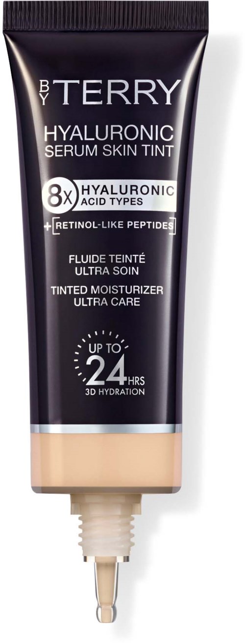 Tube of tinted moisturizer with hyaluronic acid, promoting hydration and skin care, emphasizing up to 24 hours of moisture.