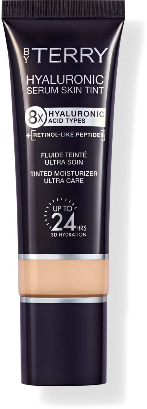 Tube of BB Terry Hyaluronic Serum Skin Tint with black and beige packaging, displaying product features and branding.