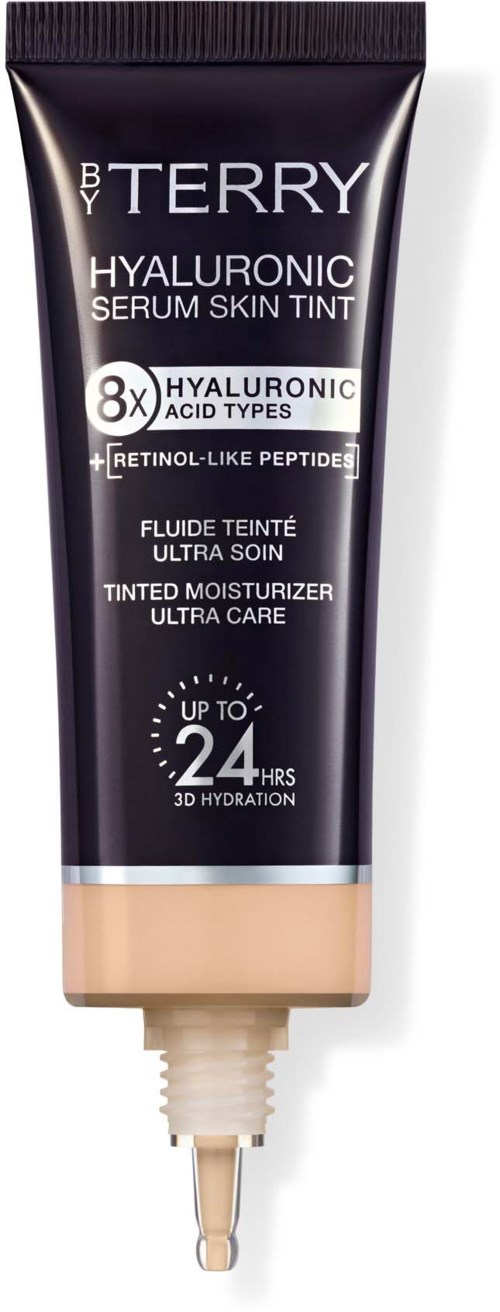 Hyaluronic skincare serum in a black tube with a beige cap, contains 8x hyaluronic acid types for hydration up to 24 hours.