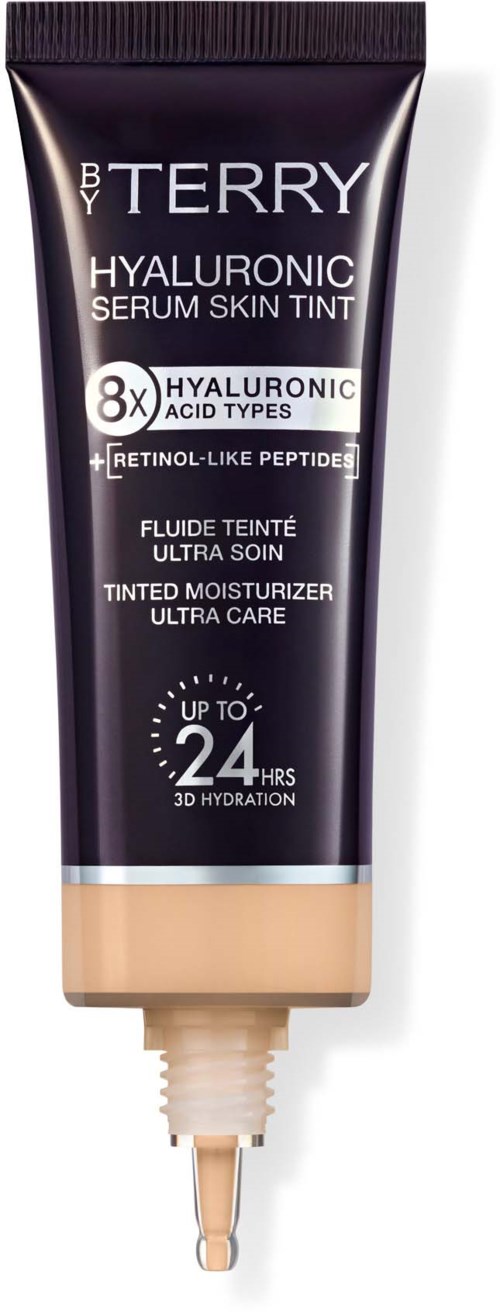 Hyaluronic serum skin tint tube with SPF up to 24 hours, in black and beige packaging.