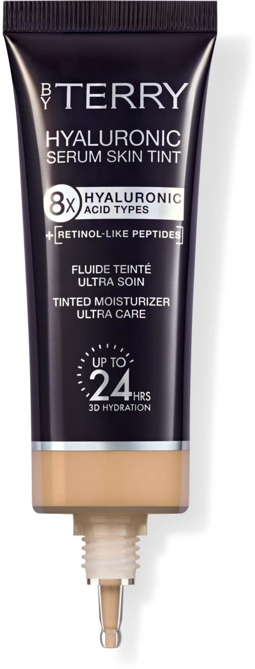 Tube of tinted moisturizer with hyaluronic acid, SPF 24, and beige shade. Text highlights benefits and ingredients.