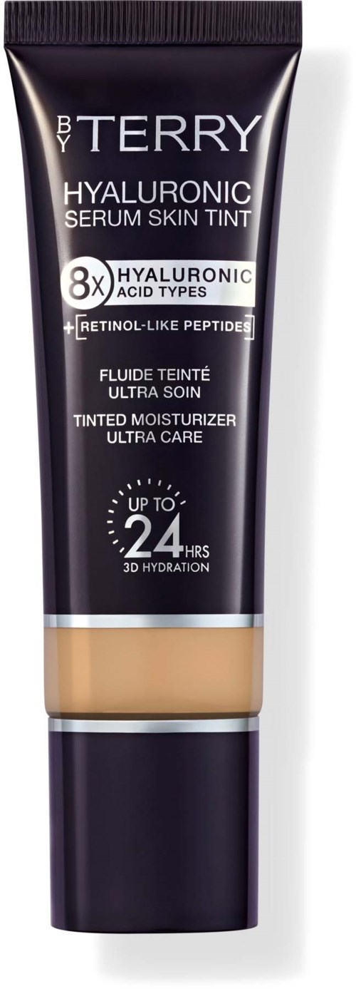 Tube of By Terry Hyaluronic Serum Skin Tint with beige liquid inside.