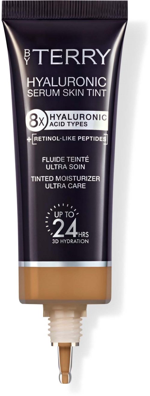Tube of tinted moisturizer with hyaluronic acid, providing up to 24 hours of hydration.
