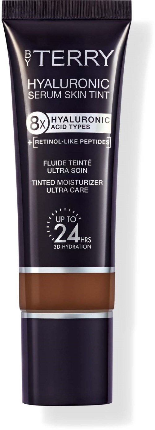Tube of BY TERRY Hyaluronic Serum Skin Tint with brown and black packaging showing product details.