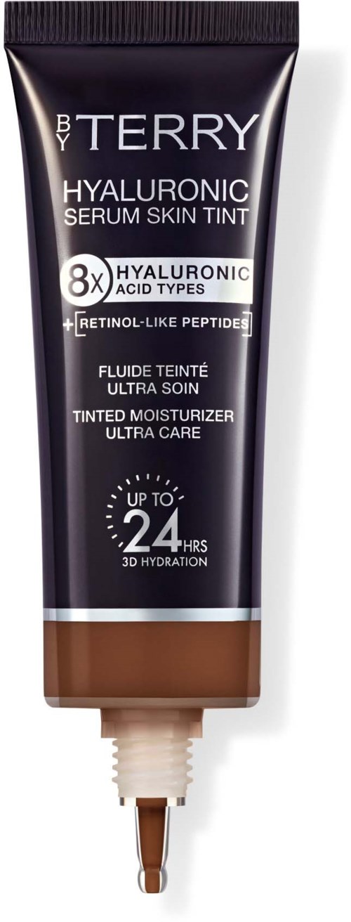 A black tube of By Terry Hyaluronic Serum Skin Tint with a beige bottom, showing product details.