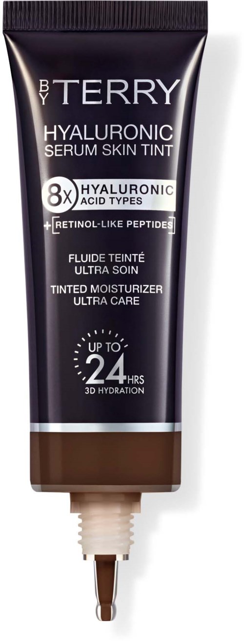 Hyaluronic serum skin tint tube with black and brown design, text about hydrating, tinted moisturizer, and up to 24 hours hydration.