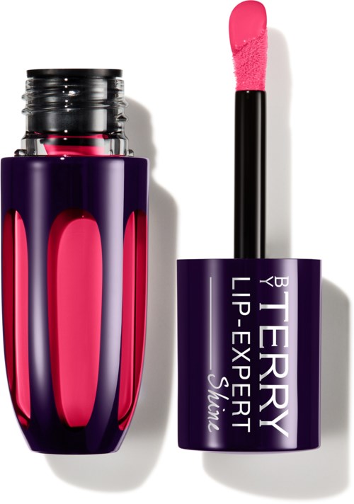En lilla leppestiftflaske med en rosa og svart applikator som stikker ut, merket 'BERRY LIP-EXPERT Shine.'