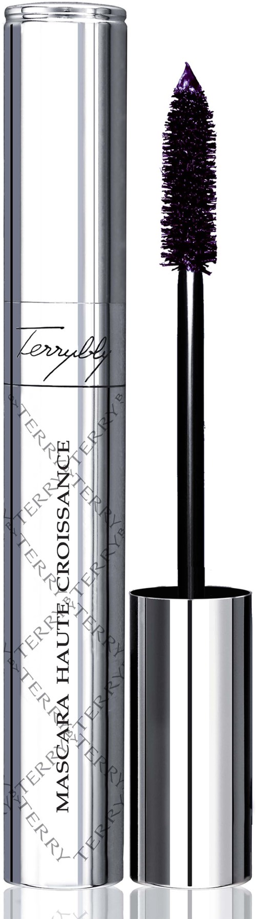 Ett silverfärgat mascara-rör med lila innehåll och en borste med lila borst. Röret har text på.