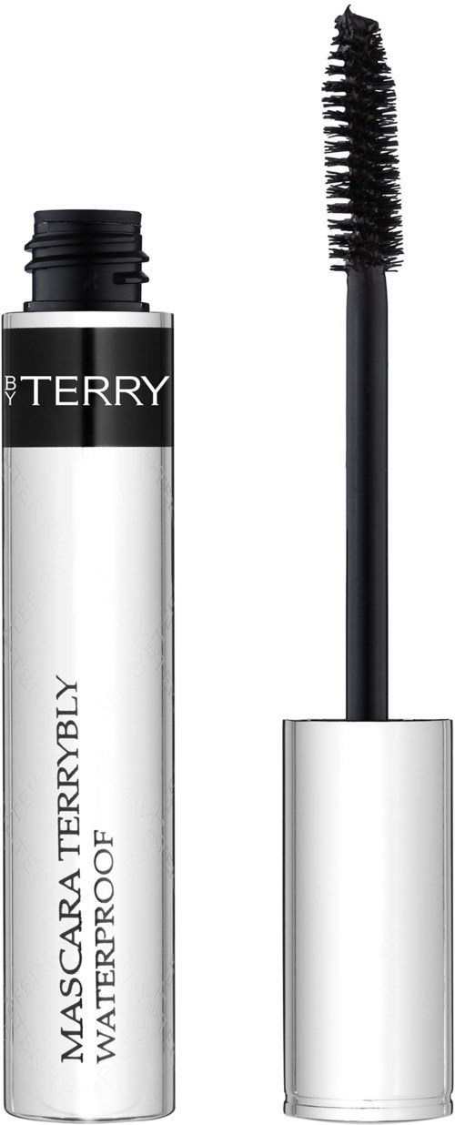 A waterproof mascara tube with a brush applicator, black and white design, and brand name visible.