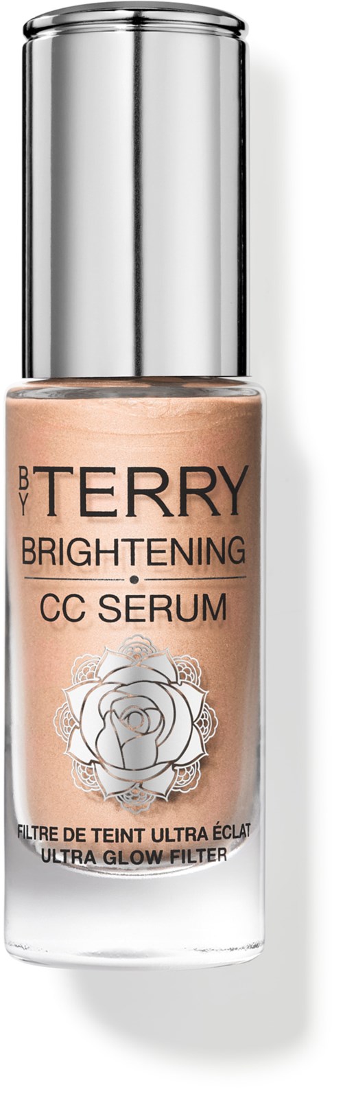 En flaske av B TERRY Brightening CC Serum med sølvhette og rosemønster på etiketten.