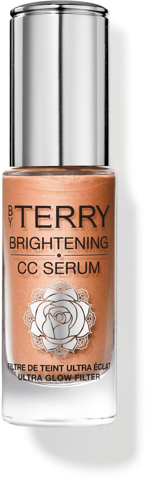 En liten glassflaske med en skinnende sølvsrør, merket BTERRY Brightening CC Serum med en rose-logo.