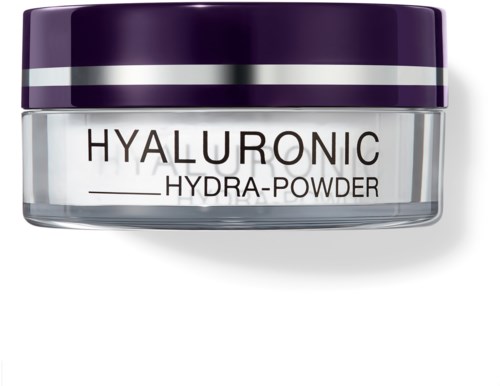 A jar of hyaluronic hydrate powder with a purple lid and clear container, labeled in black text.