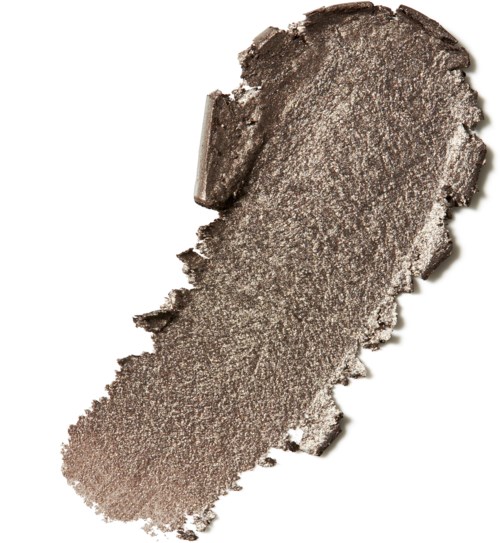 A smudge of grayish eyeshadow with a shimmery, metallic finish on white background.