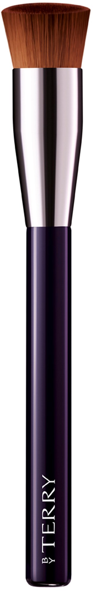 A makeup brush with a wooden top, silver middle, and purple handle, labeled 'TERRY' on the handle.