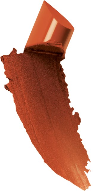 En makeupborste med orange borst och ett glänsande orange handtag, som applicerar brunsvarta läppstift eller liknande produkt.