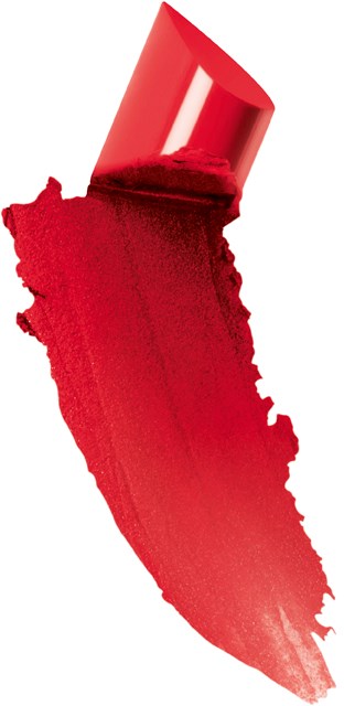 En röd läppstift med lite smink på en vit bakgrund.