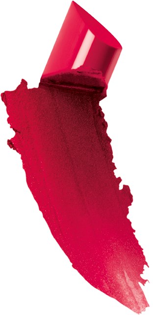Röd läppstift med färgklick på vit bakgrund.