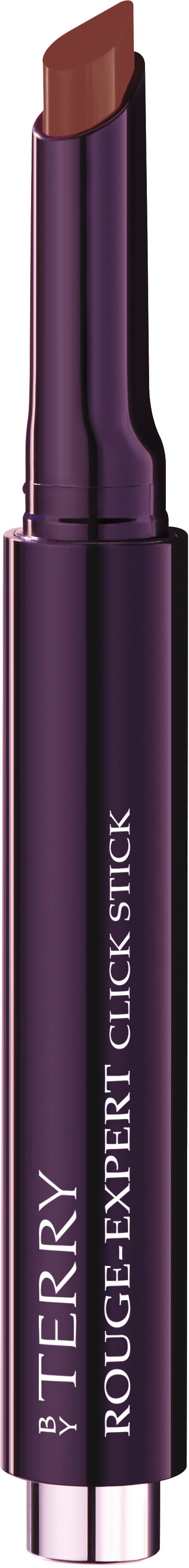 Ett brunt läppstift i ett lila och svart rör med texten 'TERRY BY ROUGE-EXPERT CLICK STICK'.