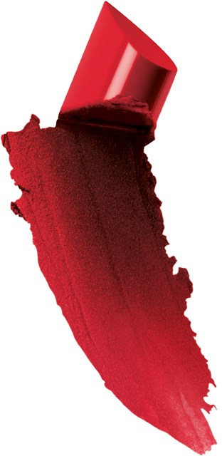 En röd läppstift med tippen lätt lutad, visar texturerade och släta delar av läppstiftet.