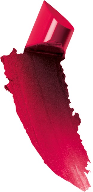 Ett läppstift i röd färg, sminkat och brett ut, visar en övergång från mörk till ljusare röd.