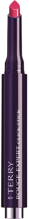 En lila läppstift med inbyggd läppliner, märkt "BY TERRY ROUGE EXPERT LIQUID" på röret.