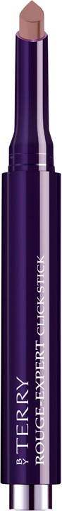 Läppstift i lila färg med beige nyans, i en tunn tub med en glänsande yta, märkta 'by TERRY ROUGE EXPERT LIP PRIMER.'