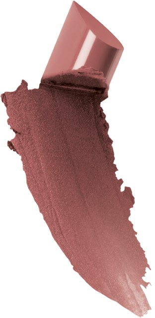 Ett rosa rör som spiller ut en kladd av brunt läppstift på vit bakgrund.