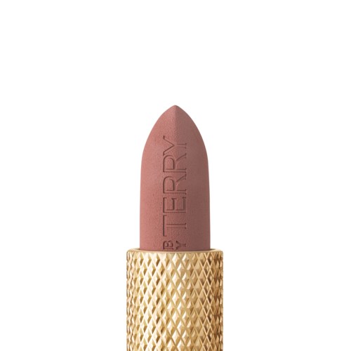 En læbestift i lyserød nuance i et guld, tekstureret tilfælde. Læbestiften har ordet 'LIPSTICK' indgraveret.