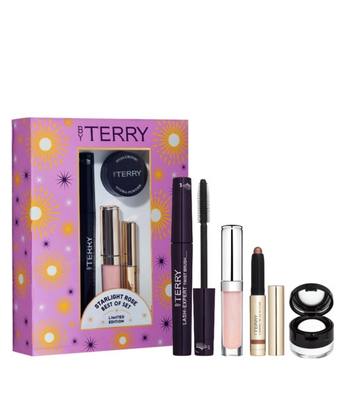 Set makeupprodukter, inklusive mascara, läppstift, ögonskugga och rouge i färgglad förpackning.