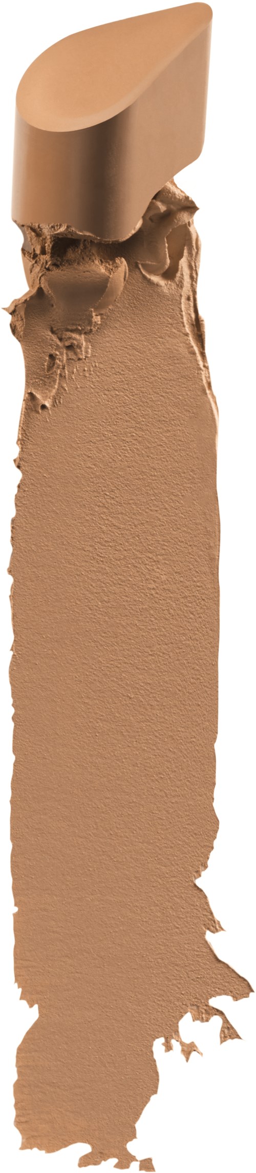 En beige sminkstav med en del som är trasig, med en slät, krämig yta. Staven är lätt lutad.