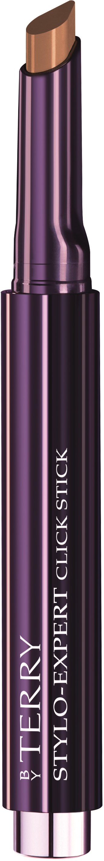 Läpptens läppstift i lila med genomskinlig kapsel, märkt 'TERRY' och 'STYLO-EXPERT CLICK STICK.'