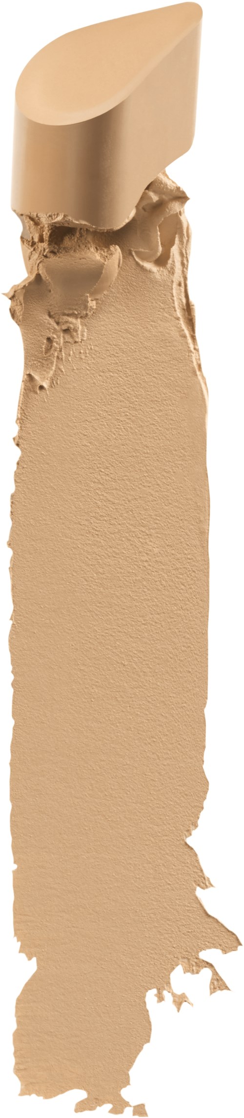En beige sminksvamp med rund topp och ett trasigt papperliknande mönster vid basen.