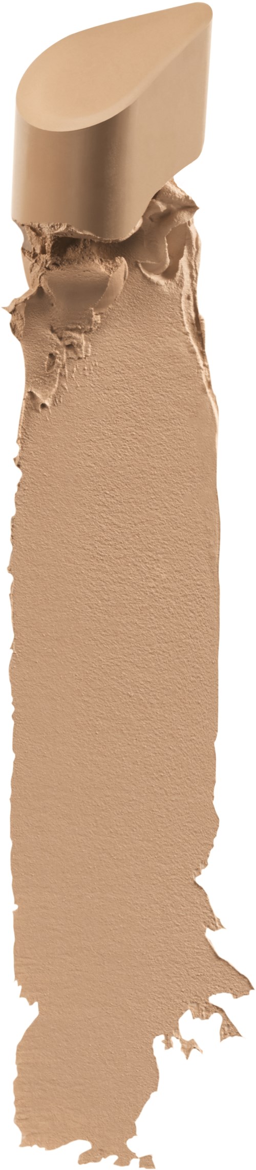 En beige sminkstav med rundad topp visar några streck och smuts av produkten.