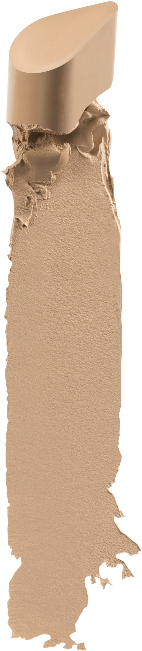 En beige sminkprodukt sticker ut, med lite produkt smetat nedanför på en svart bakgrund.