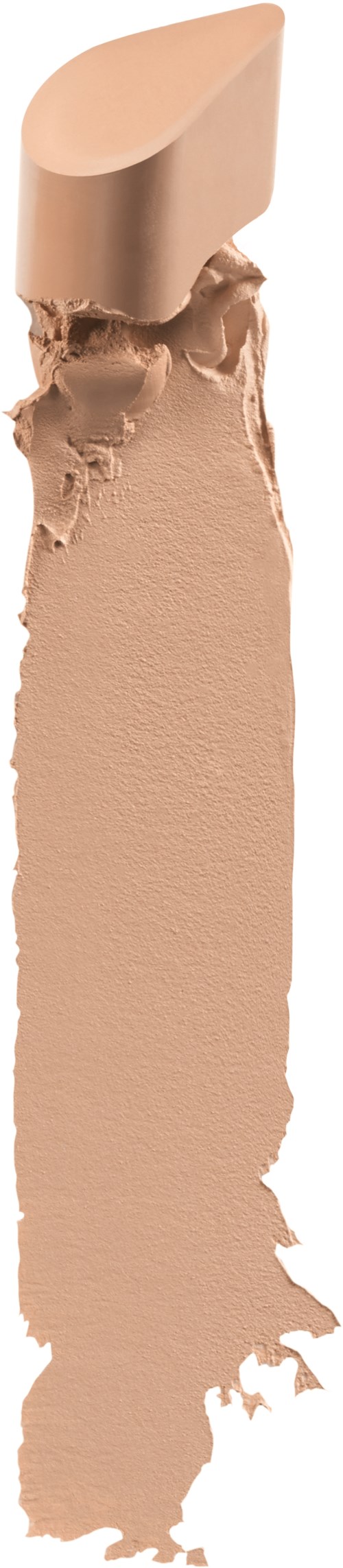En beige makeup-stift med lite produkt utpressad och spridd nedåt på svart bakgrund.