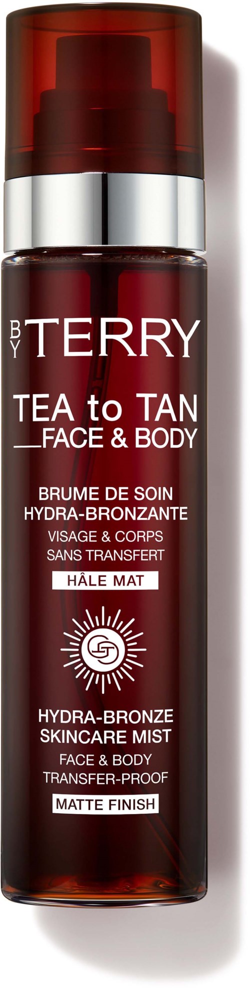 A tall, cylindrical bottle of TERRY Tea to Tan face and body mist with a red and silver design.