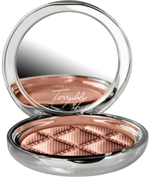 A compact makeup mirror with a rose gold striped powder inside, named 'Terribly' in script.