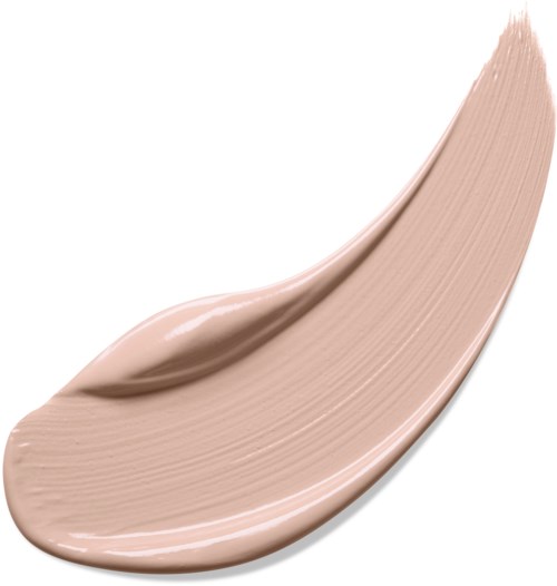 Ett streck av ljusbeige eller hudfärgad makeup eller lotion på en vit bakgrund.