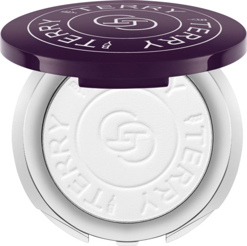White face powder inside a compact with a purple lid that has a logo and text around the edge.