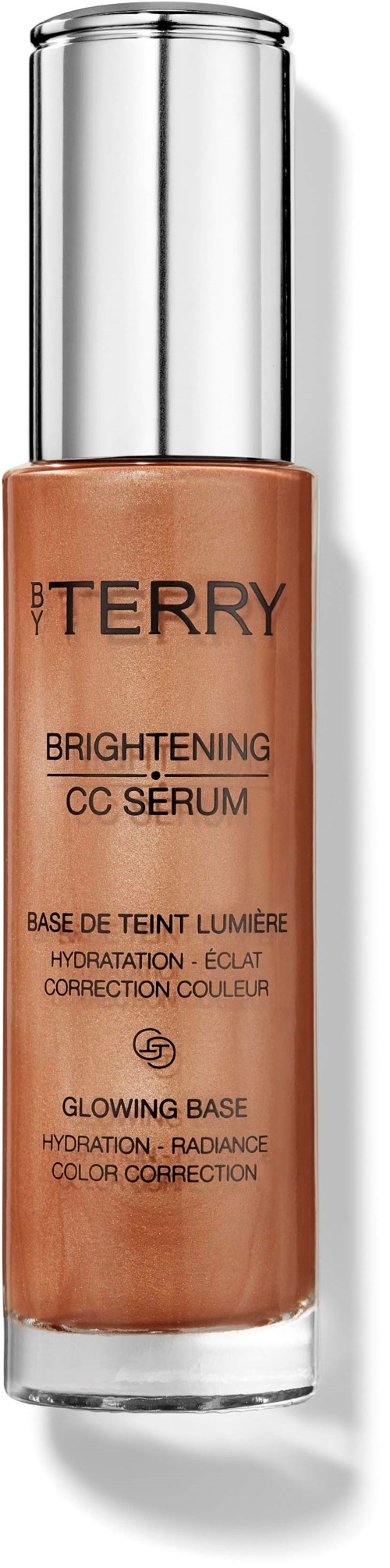A bottle of BB Cream with a silver cap and peach-colored liquid inside. It has black and orange text on it.