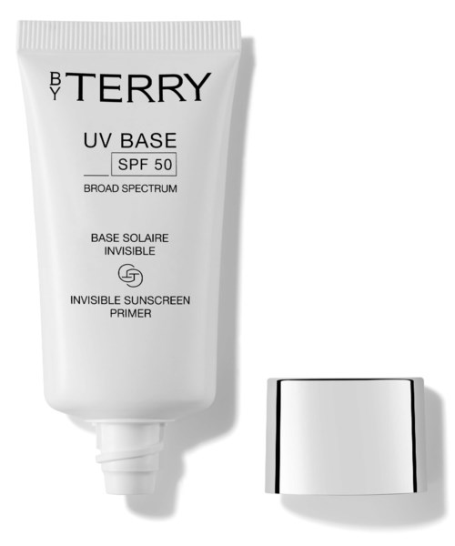 En vit tub med BY TERRY UV-grundsolscream med SPF 50 och ett silverfärgat kompaktlock bredvid.
