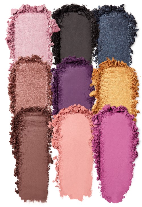 En palet med tolv forskellige farvede pulvere arrangeret i tre kolonner, med nuancer som pink, sort, blå, brun, lilla, orange og pink.