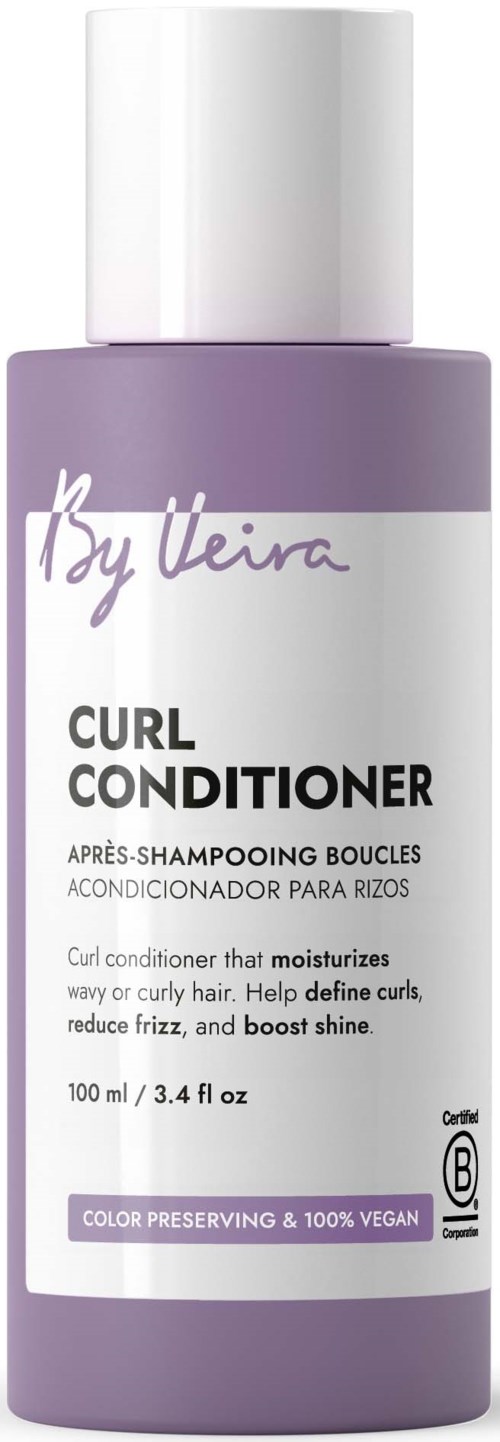 Lavender bottle of Curl Conditioner with white cap, labeled as moisturizing, vegan, and color preserving, for wavy or curly hair.