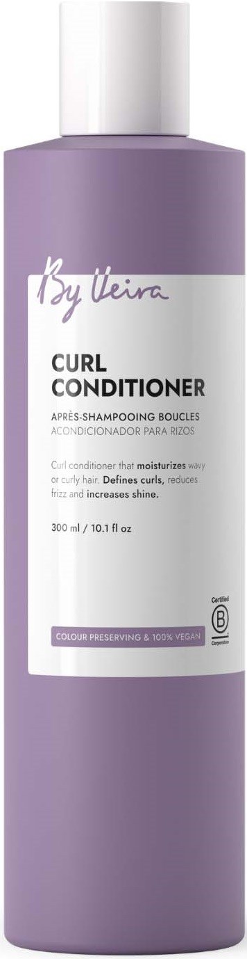 Purple bottle of curly hair conditioner from By Vila with white cap and label.