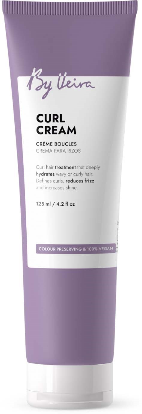 A purple and white tube of curl cream, with brand name and product details on front, designed for curly hair.