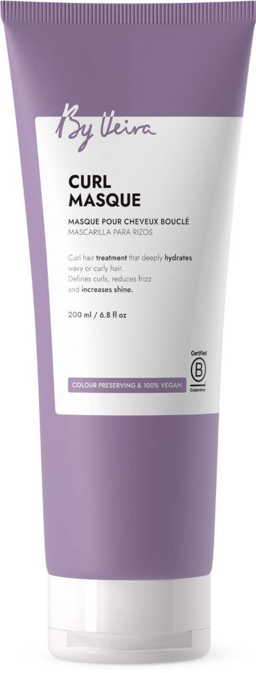 A purple and white tube of hair mask with text and brand logo, designed for curly hair hydration and care.