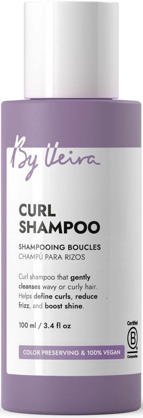 Lilac bottle of By Vera Curl Shampoo with white cap, label indicates it's vegan and color preserving.