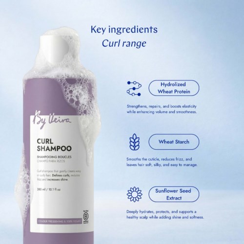 Illustration of shampoo bottle with key ingredients for curl care, including wheat protein, starch, and sunflower seed extract.