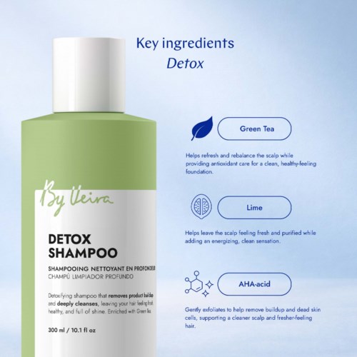 Product package for detox shampoo featuring key ingredients Green Tea, Lime, and AHA-acid listed on a blue background.