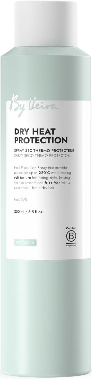 A tall, light green spray bottle with a white cap and label for dry heat protection.